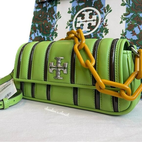 Tory Burch Kira Green Leather Shoulder Bag Stripe Chain Strap Silver Hardware - Picture 7 of 13